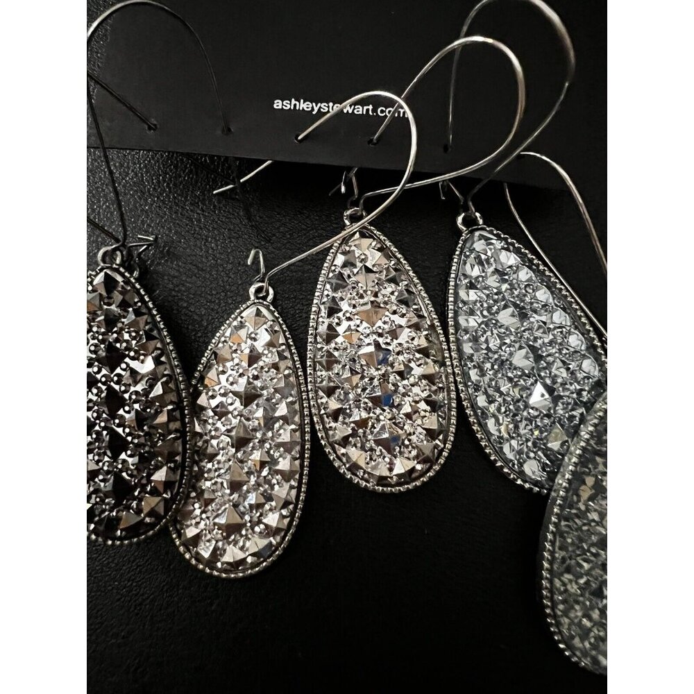 Ashley Stewart 3 Pairs Dangle  Hatch Loop Earrings w White Blue & Black Sparkles